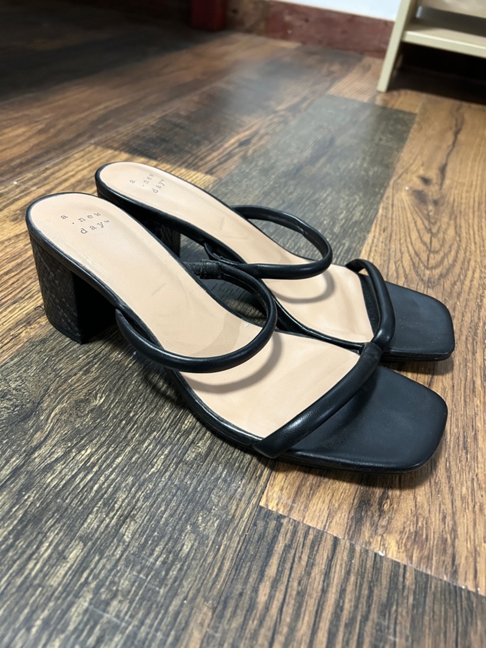 a new day Black Double-Strap Square-Toe Block Heel Sandals